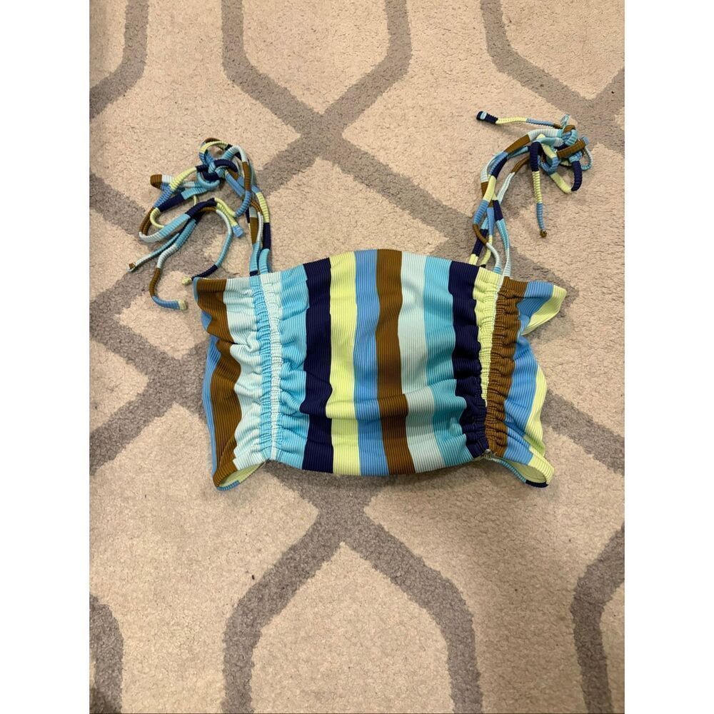 NWT Aerie Ribbed Longline Bandeau Bikini Top Blue Green Stripe Tie Straps Size M